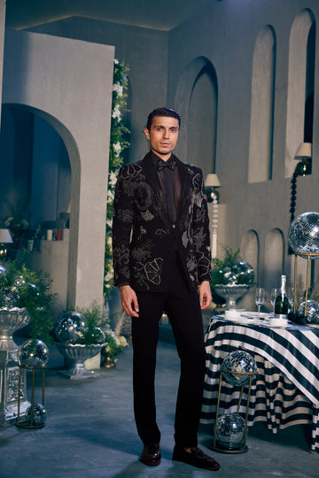 Black Silver Designer Floral Suit