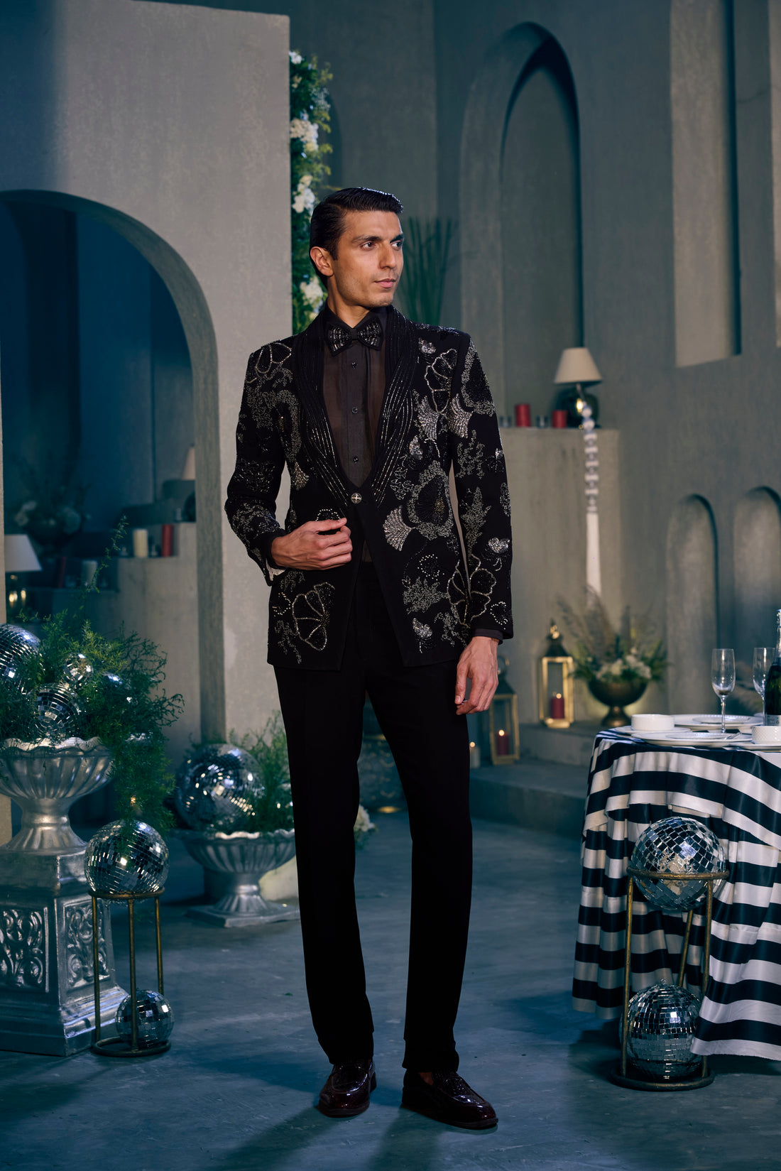 Black Silver Designer Floral Suit